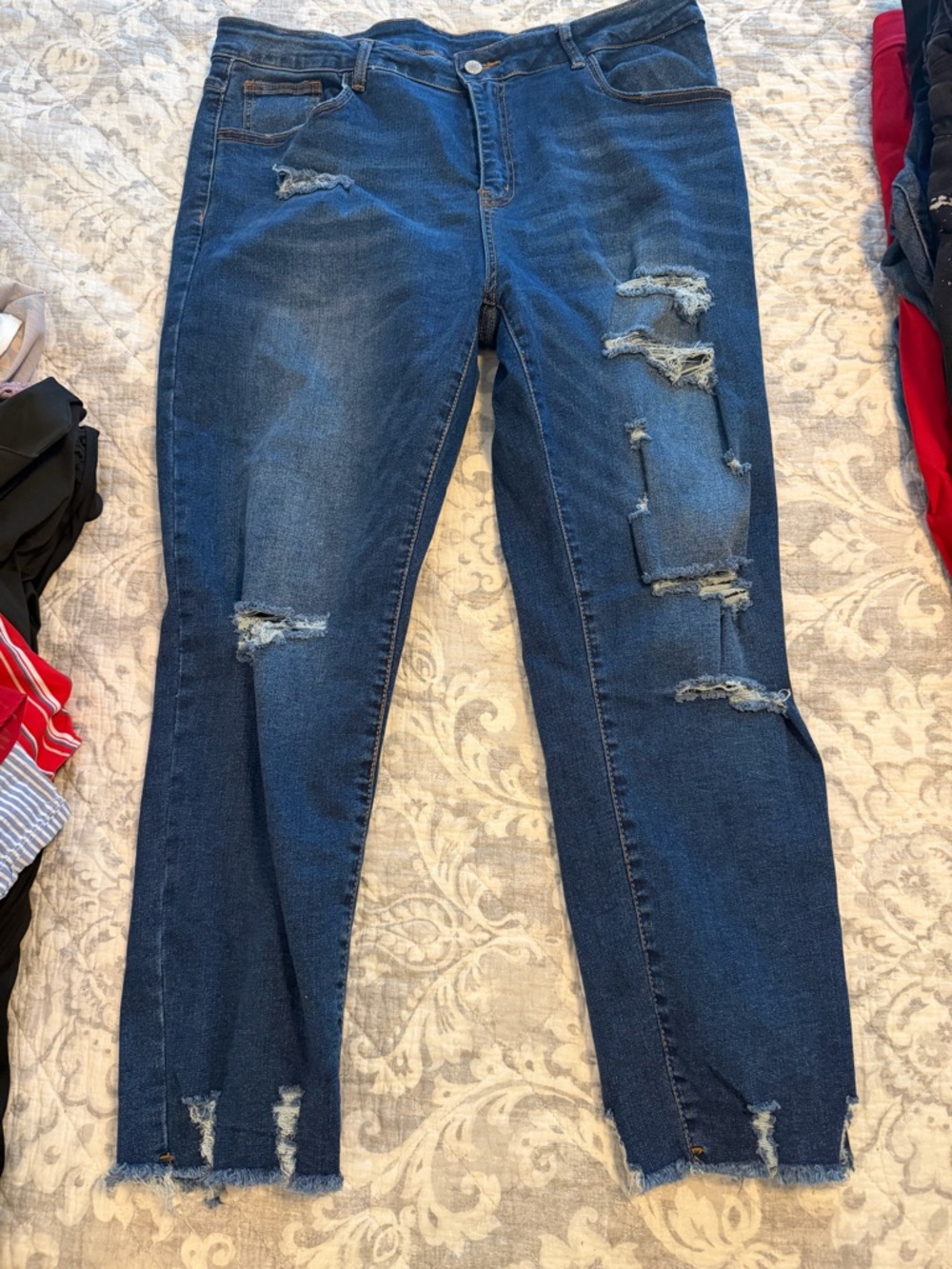 Source Unknown Dark Blue Distressed Straight Leg Jeans